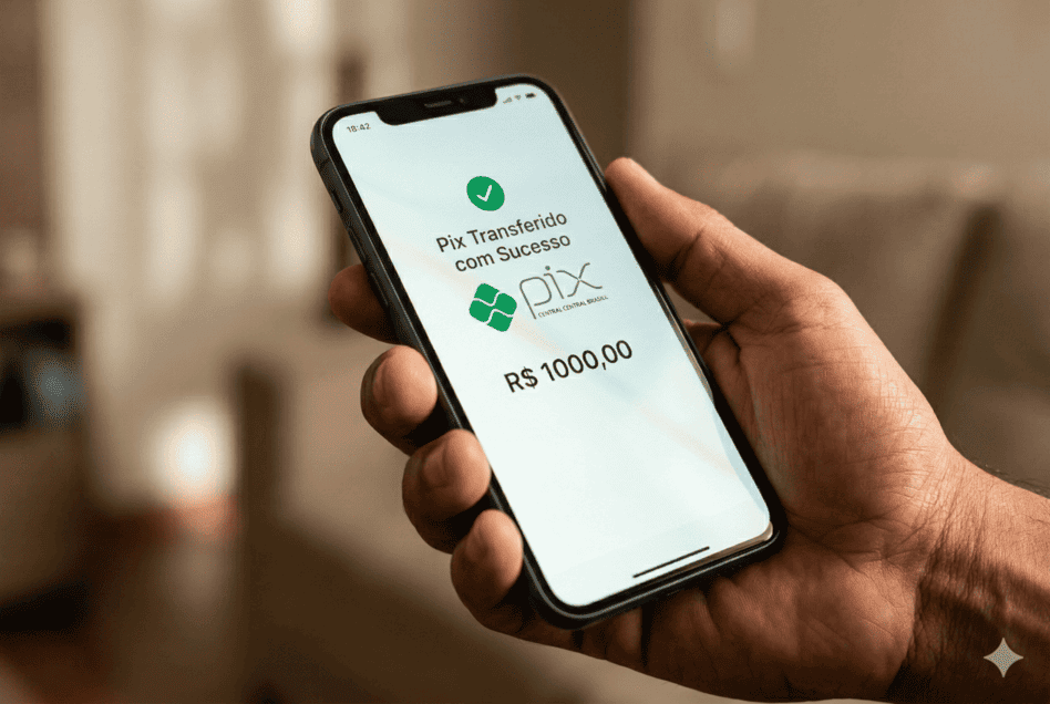 Tela de celular mostrando confirmação de Pix de empréstimo de 500 reais recebido na hora